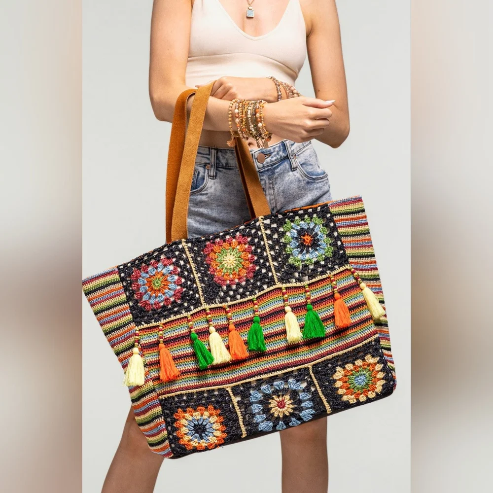 Vibrant Floral & Striped Hand Crocheted Shoulder Bag w/ Colorful Tassel Accents - Picture 9 of 11